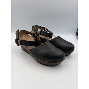 b.o.c. Black Leather Wedge Clogs Hook & Loop Strap Comfort Shoes Women's 9